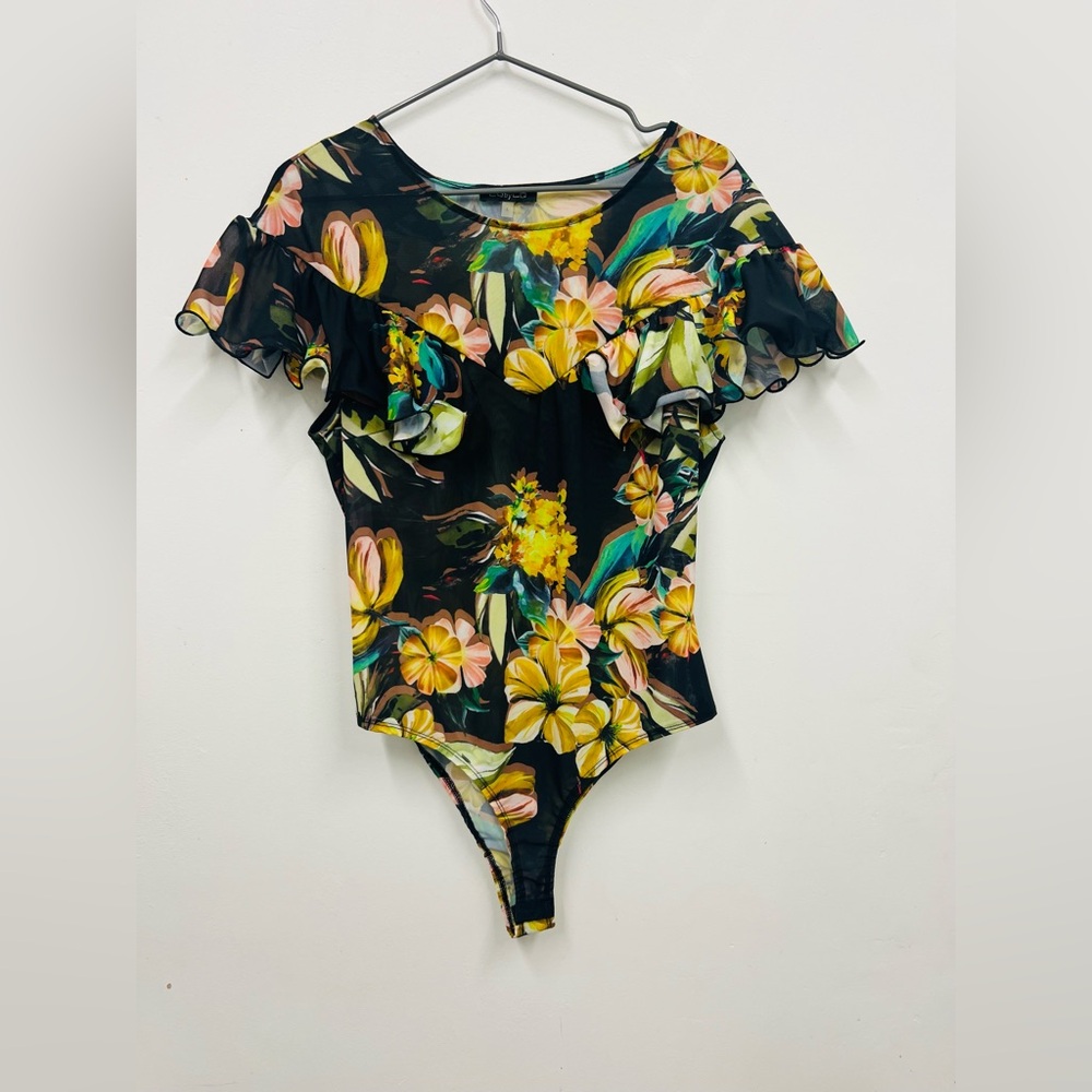 CQ by CQ Floral Ruffle Bodysuit Swimsuit Black Yellow Tropical Size L